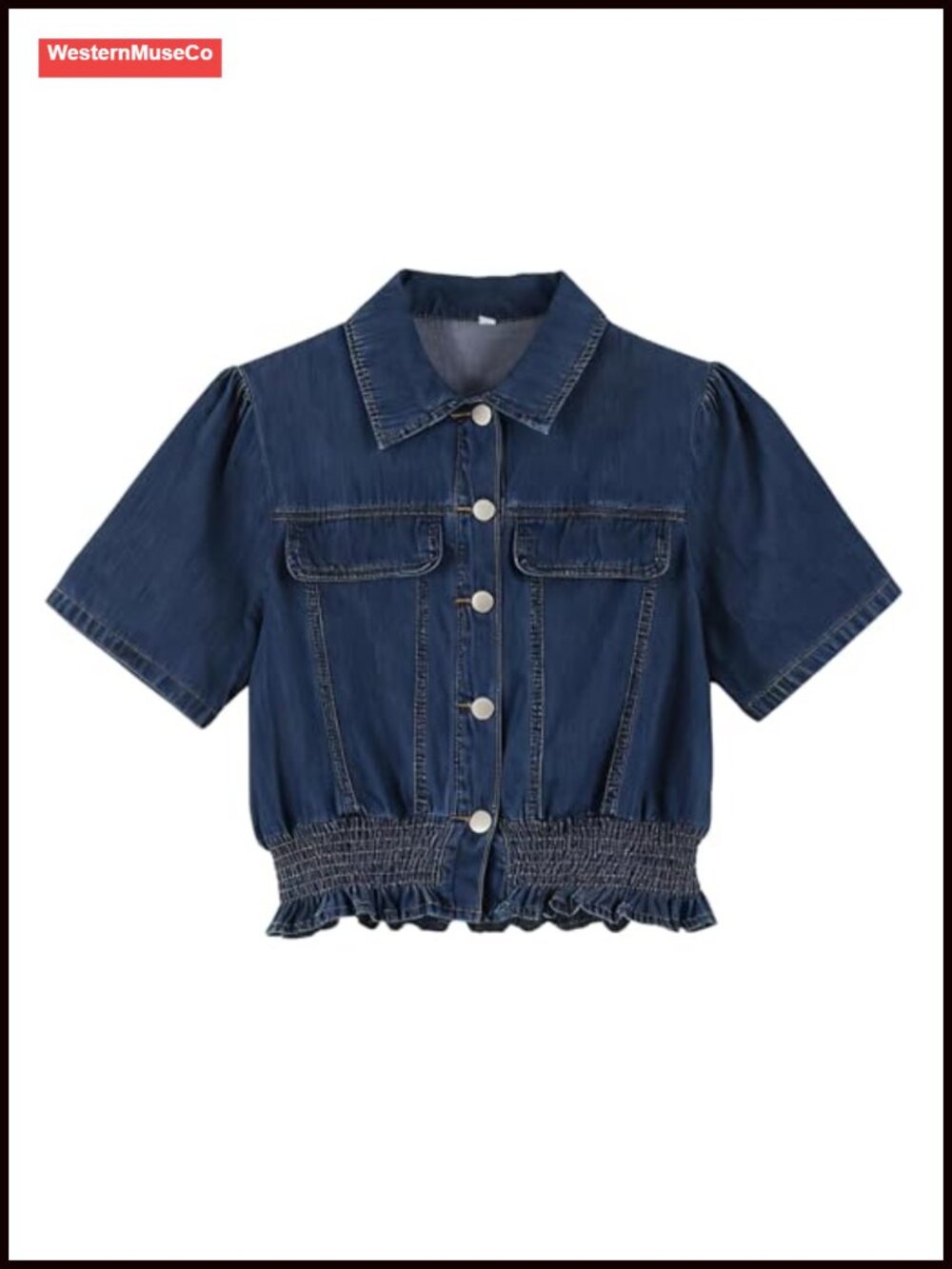 Peplum Denim Button Up Shirt Short Puff Sleeve Ruffle Hem Crop Top
